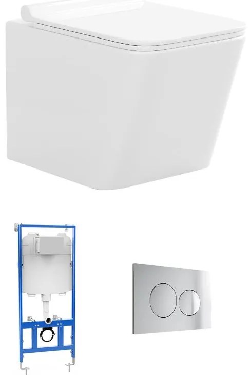 Pacchetto WC sospeso Bianco con Telaio e Piastra di attivazione cromata tonda - CLEMONA