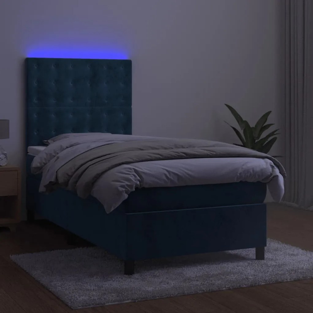 Letto a molle con materasso e led blu scuro 80x200cm in velluto