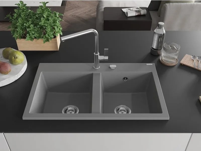 Mexen Hektor lavello in granito a 2 vasche 800 x 480 mm, grigio, sifone cromato - 6521802000-71