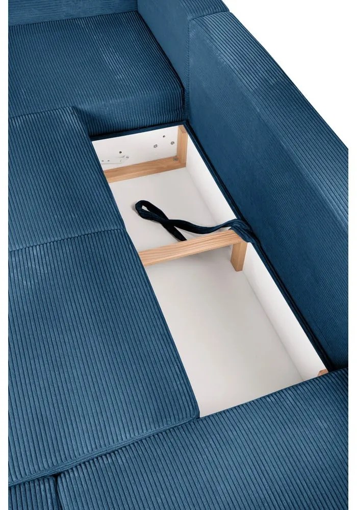 Divano angolare blu allungabile (con penisola a destra/a forma di "U") con rivestimento in velluto a coste Tori – Bonami Selection