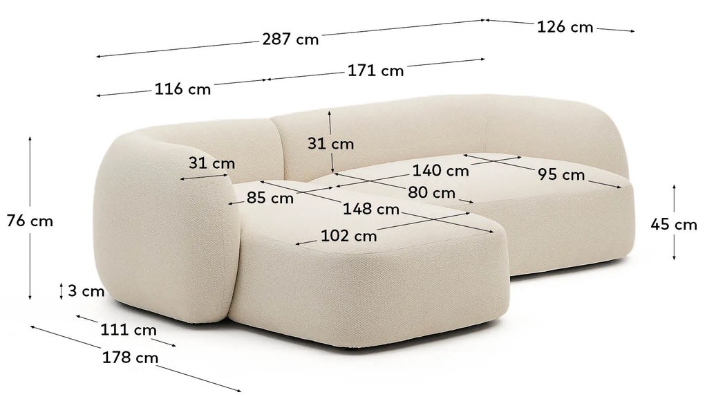Kave Home - Divano modulare Martina 3 posti con chaise longue sinistra écru 287 cm