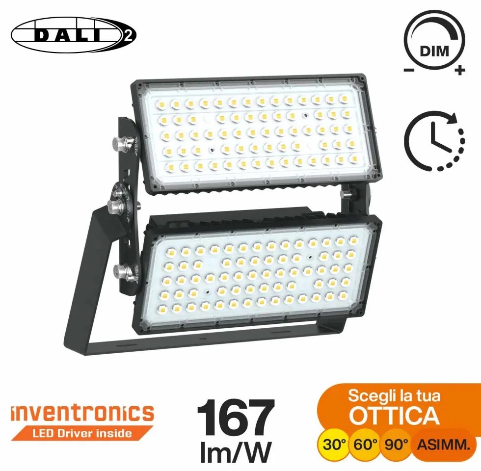 Faro Modulare LED 400W IP66, 167lm/W, Dimmerabile DALI - INVENTRONICS Colore Bianco Naturale 4.000K, Scegli l'angolo di illuminazione 30°, Scegli le staffe dei moduli Orientabili