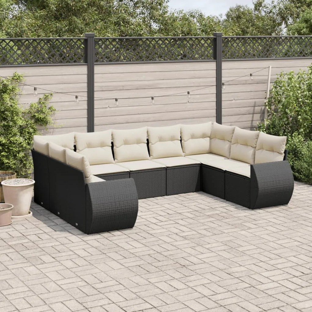 Set divani da giardino 9 pz con cuscini nero in polyrattan