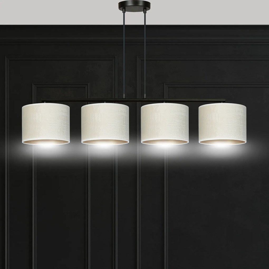 Lampadario 4 Luci Ganesha In Acciaio Nero E Paralumi In Tessuto Beige