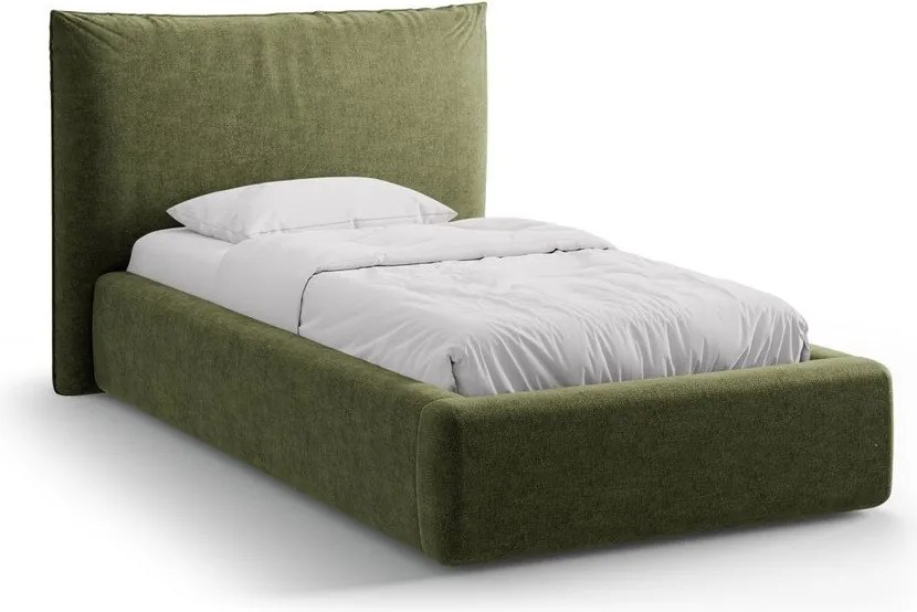 Letto singolo imbottito verde con contenitore con rete inclusa 90x200 cm Kaelle – Micadoni