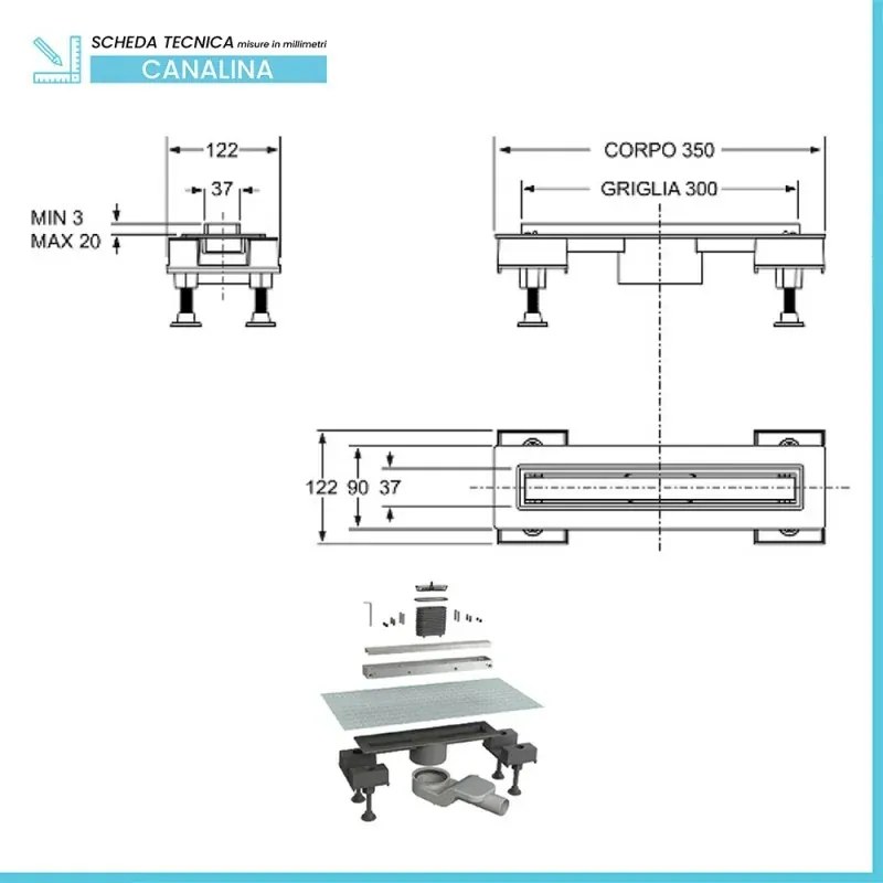 Canalina doccia 30 cm in alluminio reversibile scarico centrale, sifone e piletta inclusi