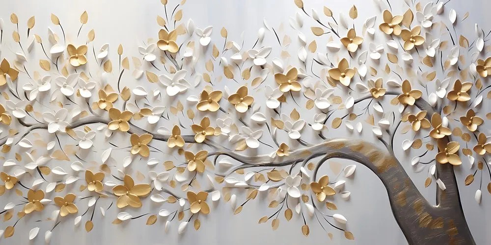 Stampa su tela – Albero con fiori bianco-dorati