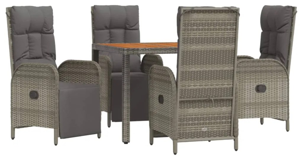 Set da pranzo da giardino 5 pz con cuscini in polyrattan grigio