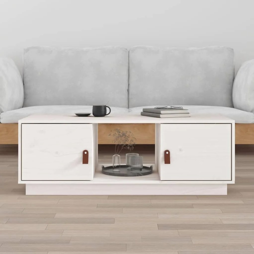 Tavolino Da Salotto Bianco 100x50x35 Cm Legno Massello Di Pino /