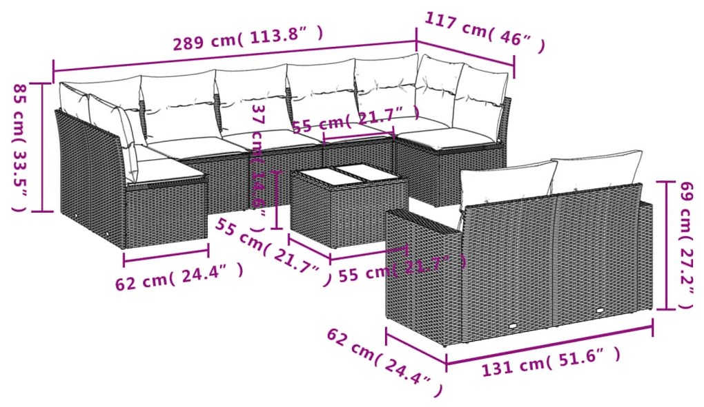 Set divano da giardino 10 pz con cuscini grigio in polyrattan