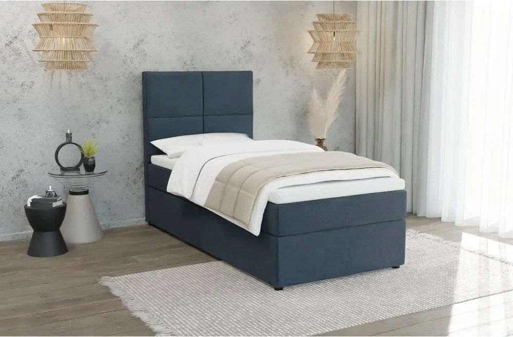 Letto singolo imbottito con contenitore blu scuro con materasso e topper inclusi 100x200 cm Lena – Ropez