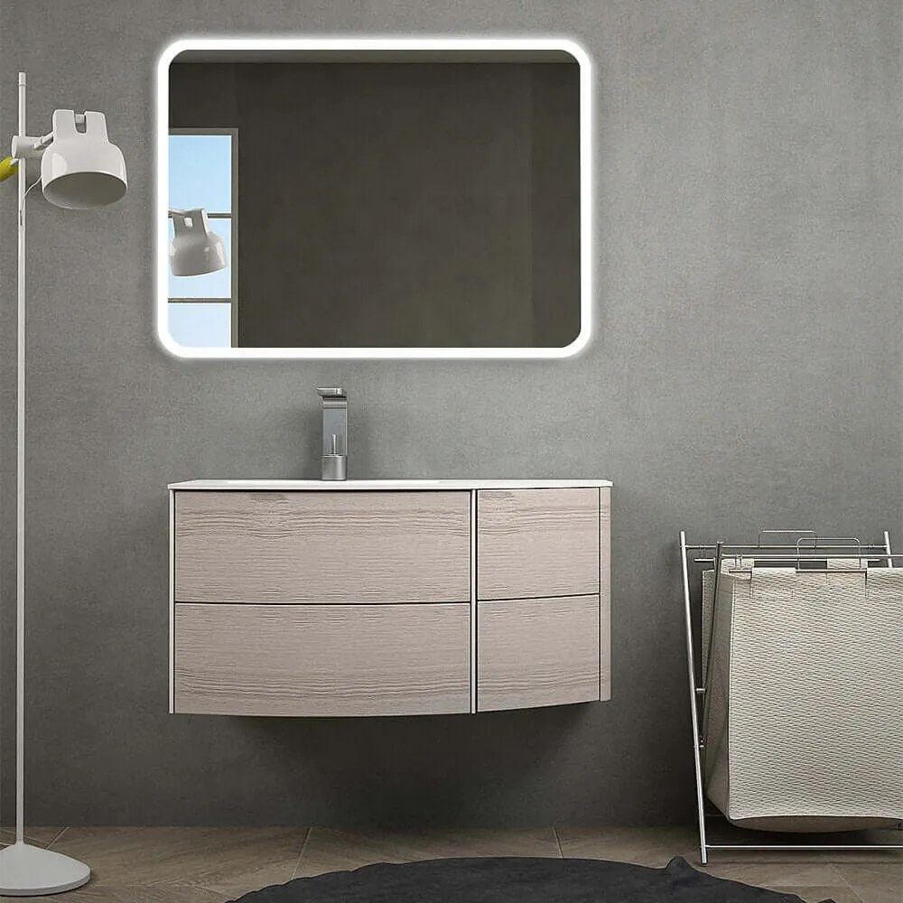 Mobile per bagno sospeso 60 cm Rovere sbiancato design curvo asimmetrico modello Rio con specchio led, lavabo a sinistra