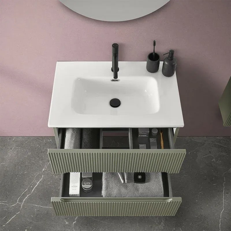 Mobiletto bagno sospeso cannettato 70 cm verde con specchiera Bali