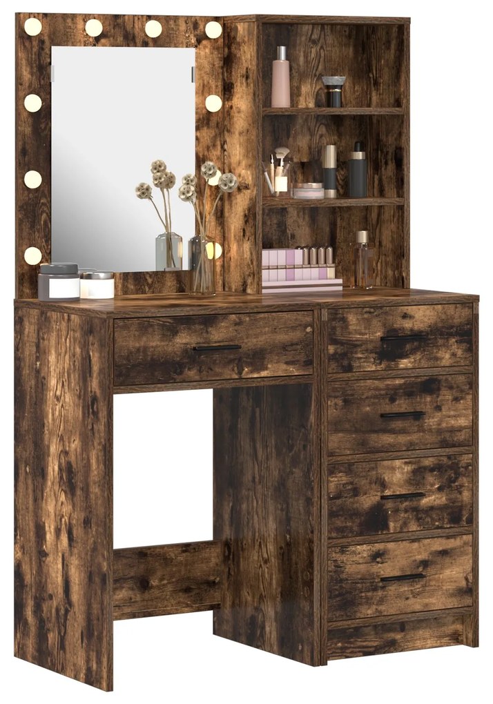 Set di tolette a 2 pezzi con led in legno ingegnerizzato di quercia affumicata