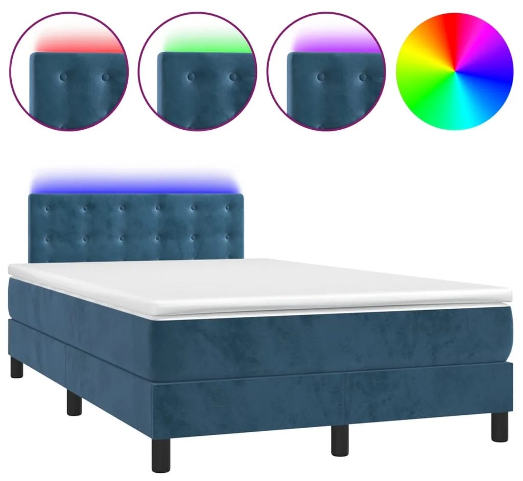 Letto a molle materasso e led blu scuro 120x190 cm in velluto