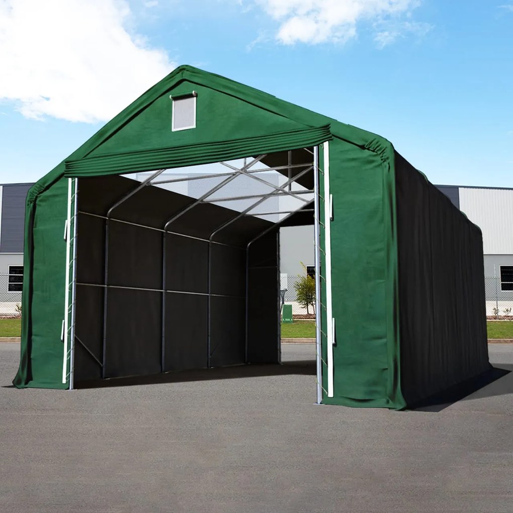 TOOLPORT 6x12m tendostruttura Everest altezza 3m, PRIMEtex 2300 con lucernari, verde scuro, con statica (sottofondo in terra) - (49834)