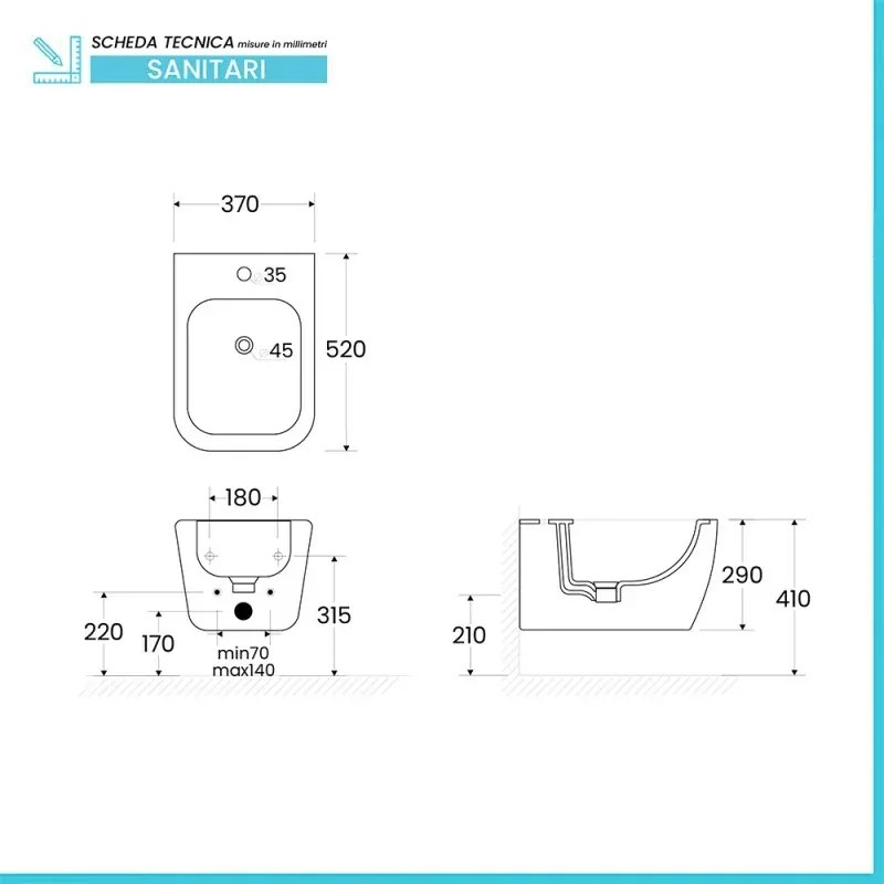 Sanitari Sospesi in ceramica bianco design quadrato con copriwc e scarico rimless Kayra