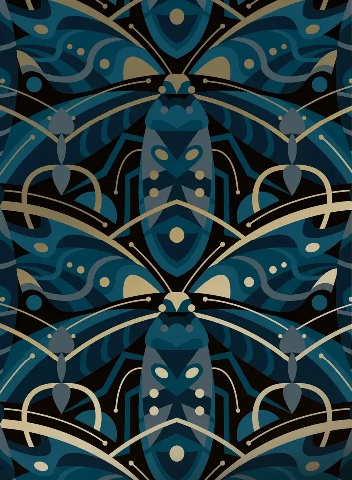 KEK Amsterdam Carta da parati Art Deco Animaux Beetle Gold - Blue