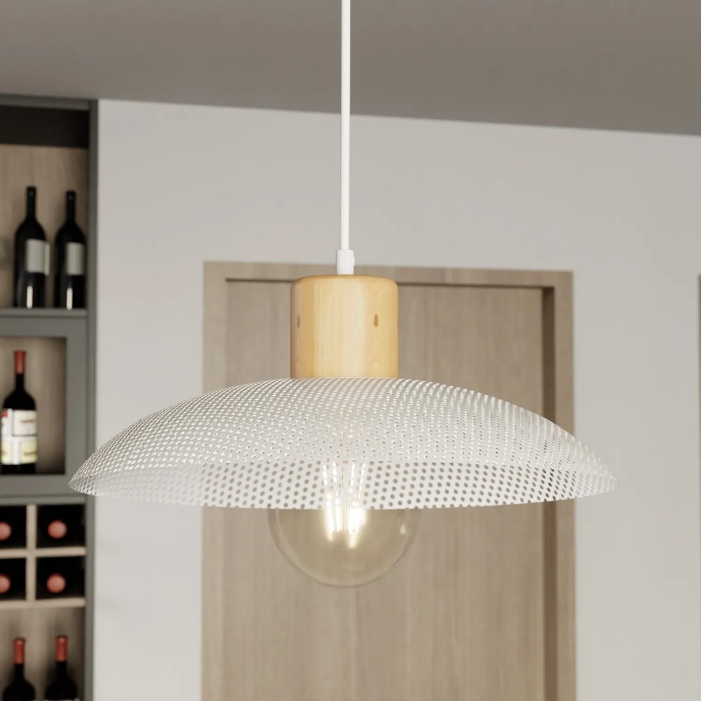 Sospensione Nordica Ishtar 1 Luce In Legno E Acciaio Bianco
