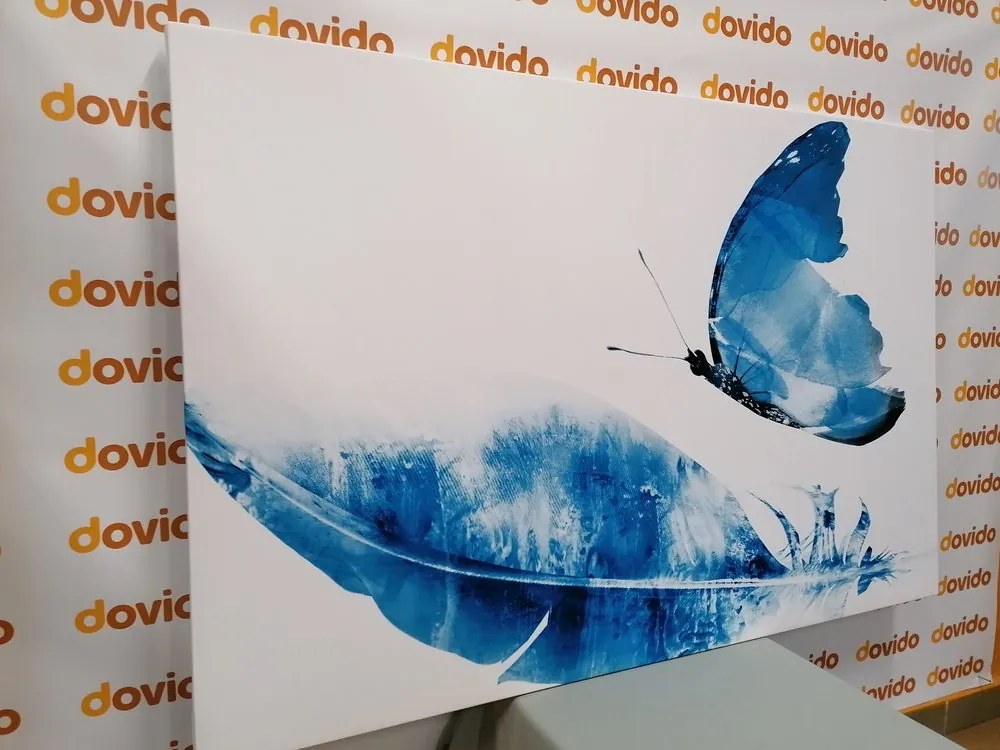 Stampa su tela – Piuma con farfalla in blu