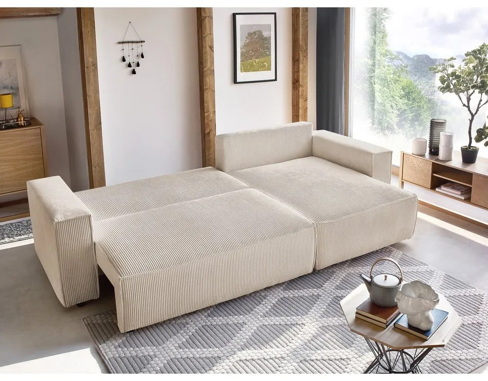 Divano letto in velluto a coste bianco e beige divano letto angolare Nihad - Bobochic Paris