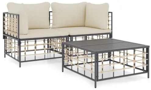 Set Divani da Giardino 3 pz con Cuscini Antracite in Polyrattan