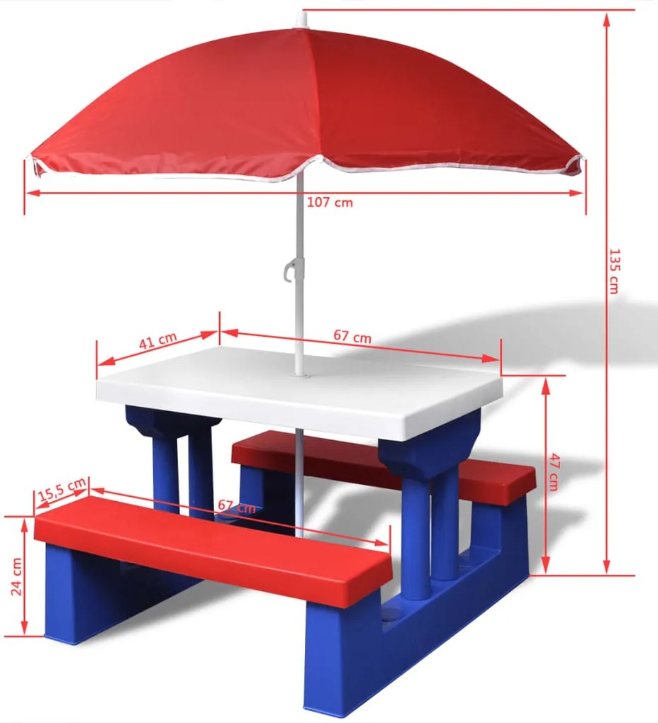 Tavolo e panchine picnic per bambini con parasole multicolore