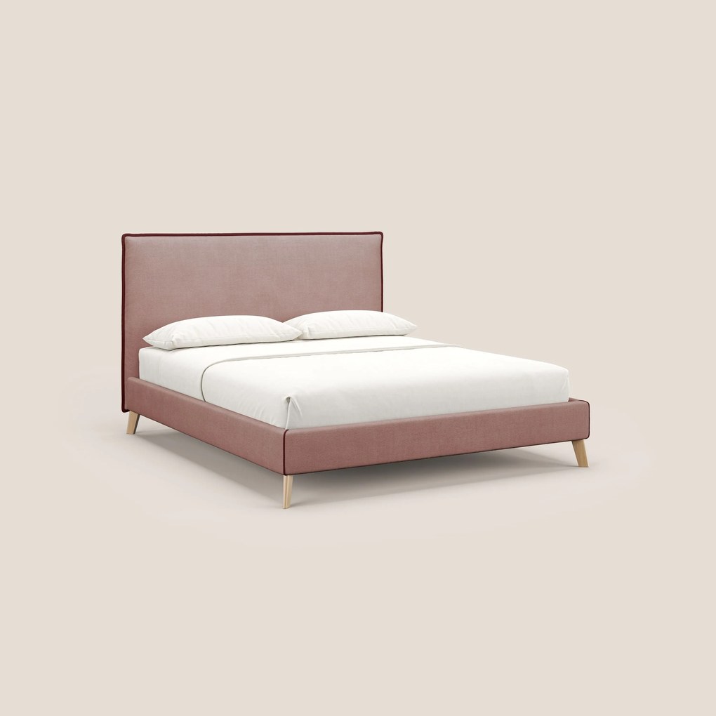Leila letto imbottito con piedini legno in tessuto smacchiabile T17 rosa - rosso