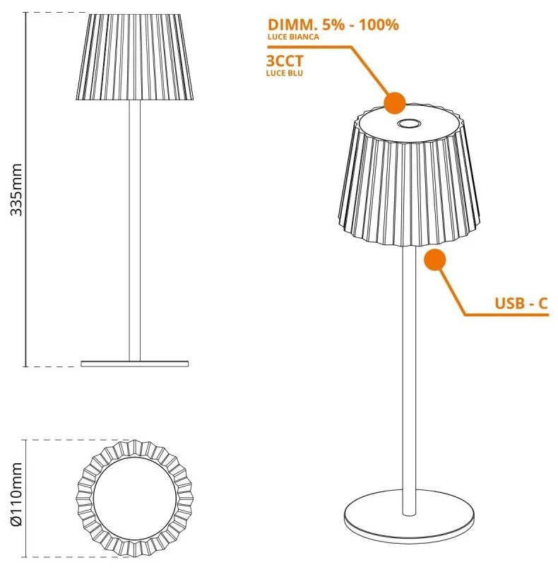 Lampada da Tavolo Ricaricabile 2.2W, IP54 CCT Dimmerabile - Bianco Rigato Colore del corpo Bianco