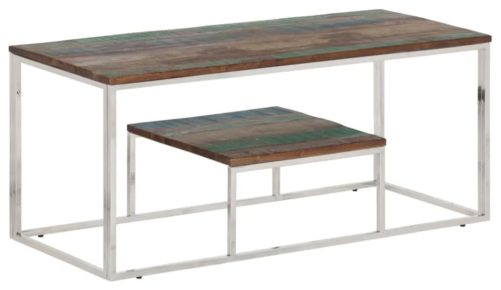 Tavolino Salotto Argento İn Acciaio Inox E Legno Di Recupero /