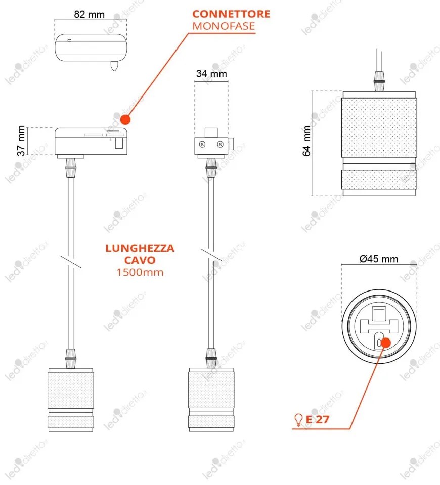 Lampada a Sospensione E27 per Binario Monofase - Nera Faro a binario  Monofase / E27