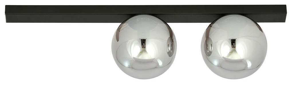 Plafoniera Moderna 2 Luci Giapeto Barra In Acciaio Nero E Sfere Di Vetro Fumè