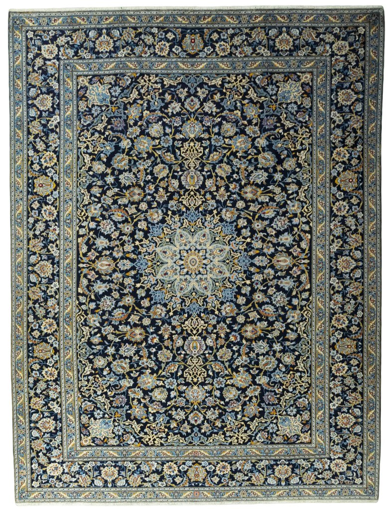 Kashan Tappeto 370x280 Blu (Iran) Annodato A Mano