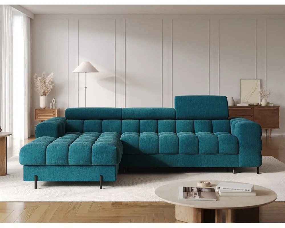 Divano angolare blu allungabile/con contenitore (con penisola a sinistra/con chaise lounge) con rivestimento in bouclé Felro – ELTAP