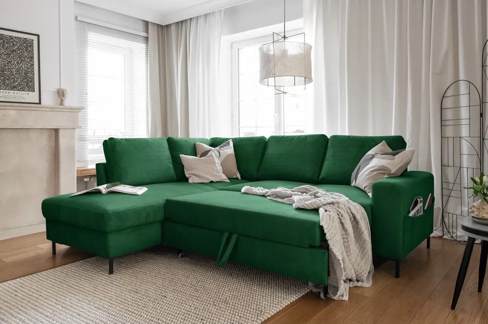 Divano letto in velluto a coste verde scuro (angolo sinistro) Lofty Lilly - Miuform