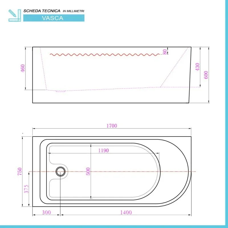 Vasca da bagno angolare lato destro 75x170 cm scarico incluso Corinne