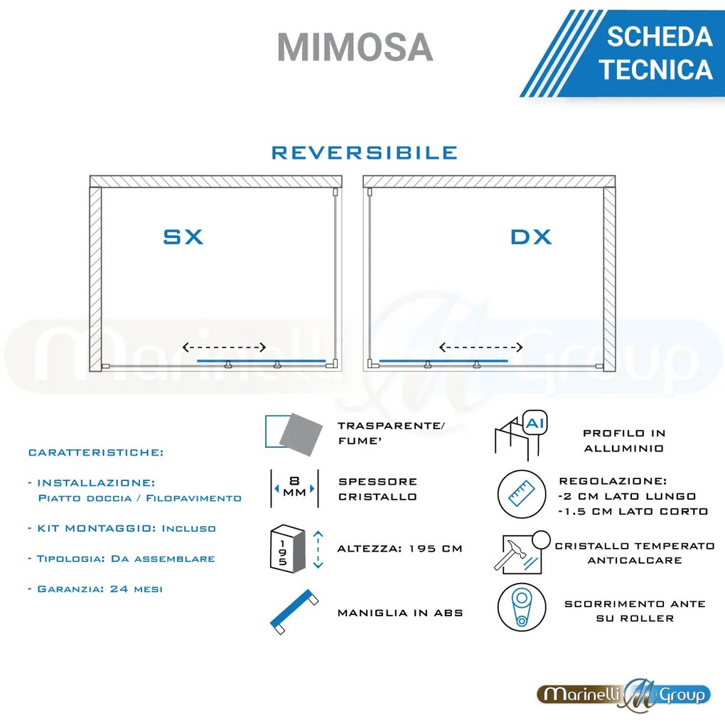Box doccia angolare 80X100 con anta scorrevole e due ante fisse 8mm Mimosa