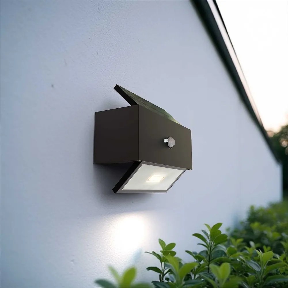 Applique LED Solare Nera, Rettangolare, con Sensore di Movimento Colore Bianco Naturale 4.000K