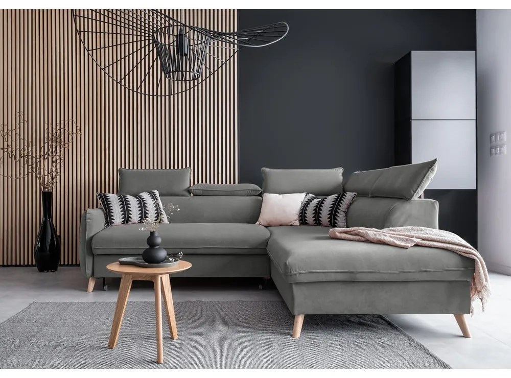 Divano letto angolare in velluto grigio chiaro (angolo destro) Sweet Harmony - Miuform