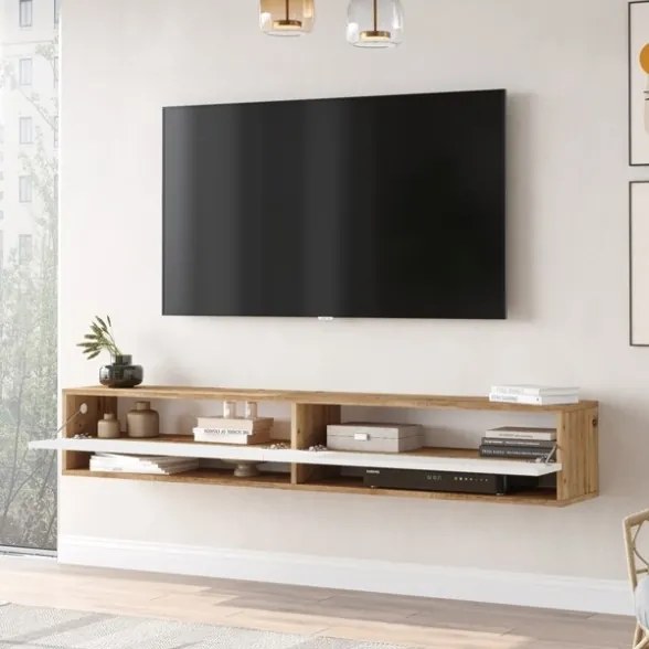 Mobile Tv Sospeso 180x32x30 Effetto Legno Rovere E Bianco Evolution