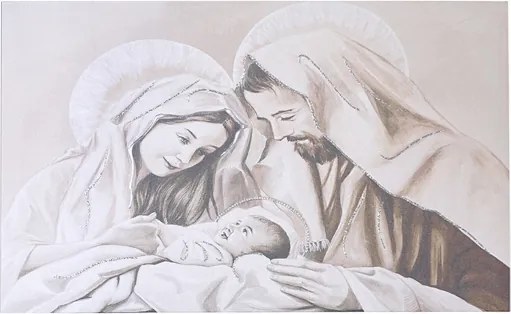 Quadro in tela 50x100 cm tema Sacra Famiglia con particolari a rilievo