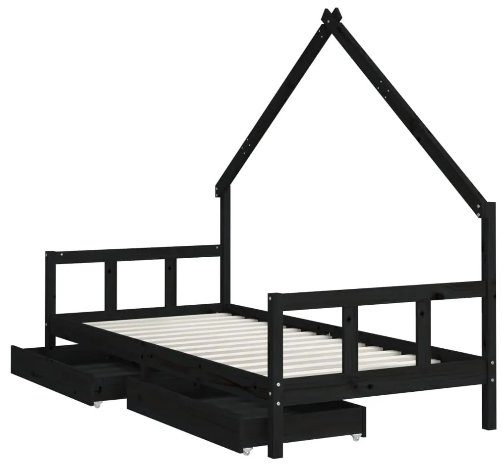 Giroletto bambini con cassetti nero 90x200cm massello di pino