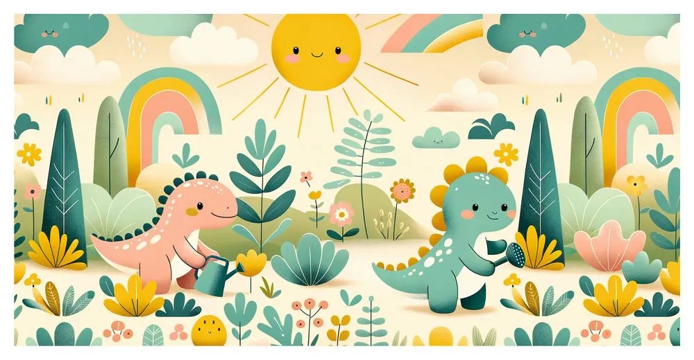 Quadro su tela – Amici dinosauri in giardino colorato