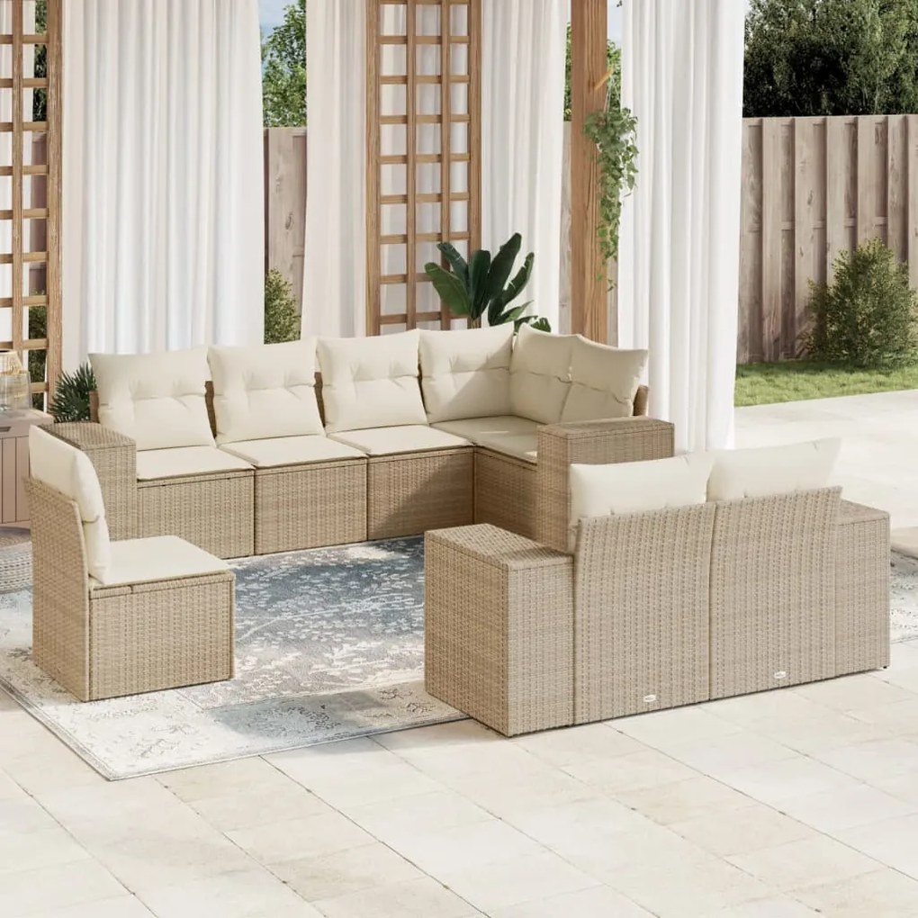 Set Divano da Giardino 8 pz con Cuscini Beige in Polyrattan