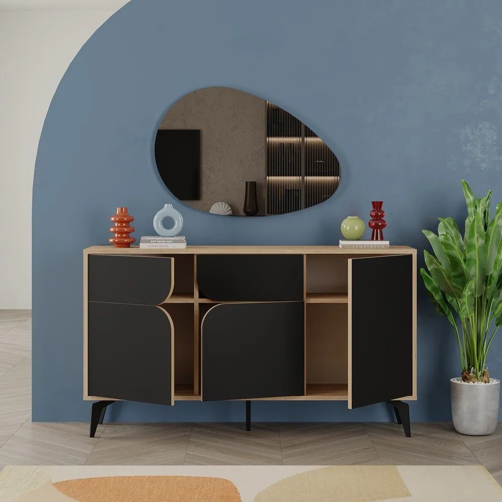 Cassettiera bassa in rovere decorato in nero-naturale 140x79 cm Nola - Marckeric