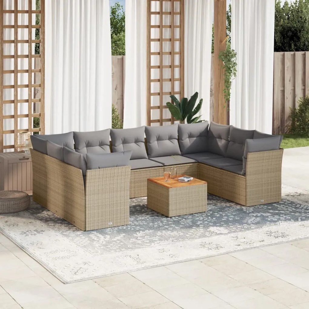 Set divano da giardino 10 pz con cuscini beige in polyrattan