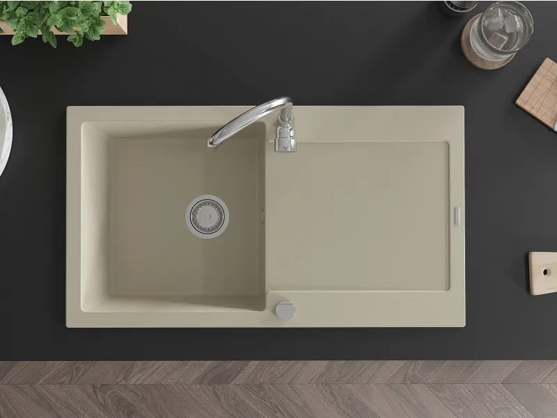 Mexen Leo lavello in granito a 1 vasca con sgocciolatoio 900 x 500 mm, beige, sifone cromato - 6501901010-69