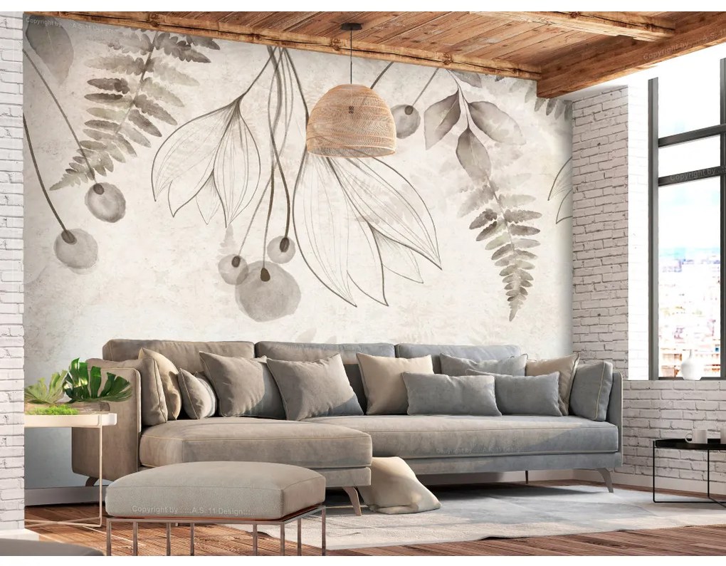 Carta da parati
adesiva Paesaggi: Soffio delicato - fiori e foglie minimalisti in composizione beige