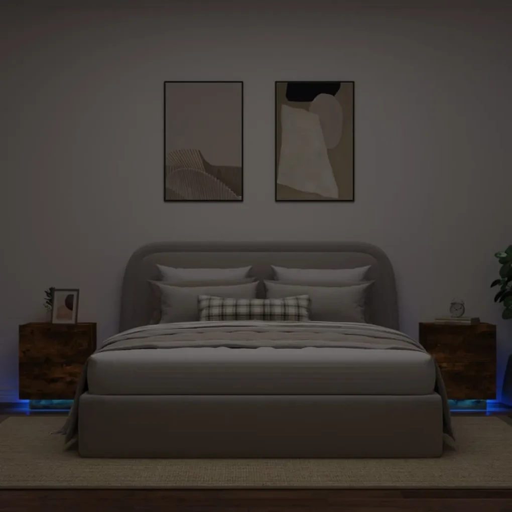 Comodini con luci led 2pz rovere fumo in legno multistrato