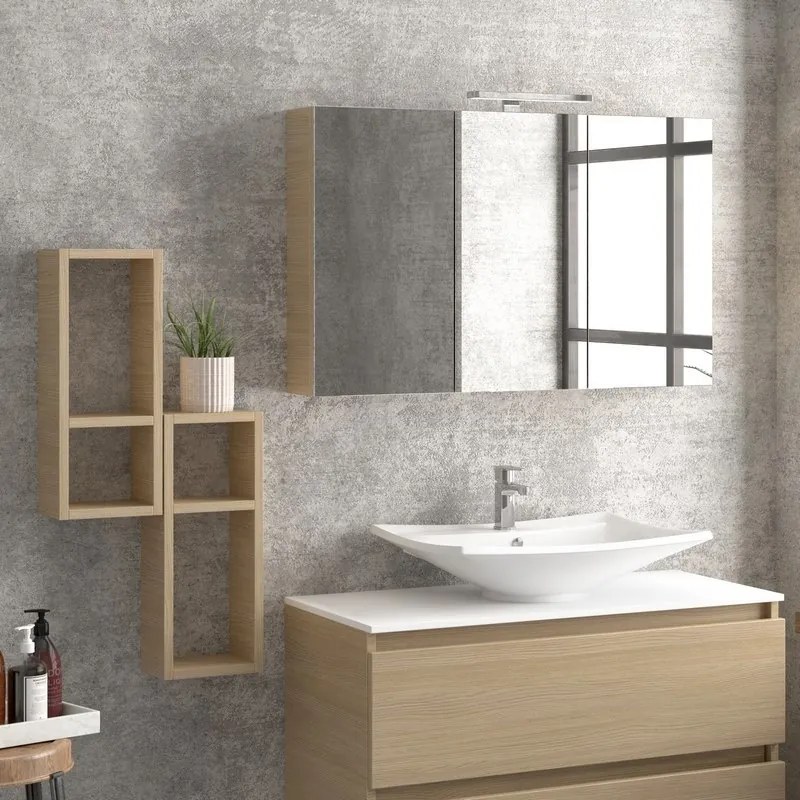 Composizione bagno sospesa 100cm: mobile, specchio contenitore e due pensili TOD-100E - KAMALU